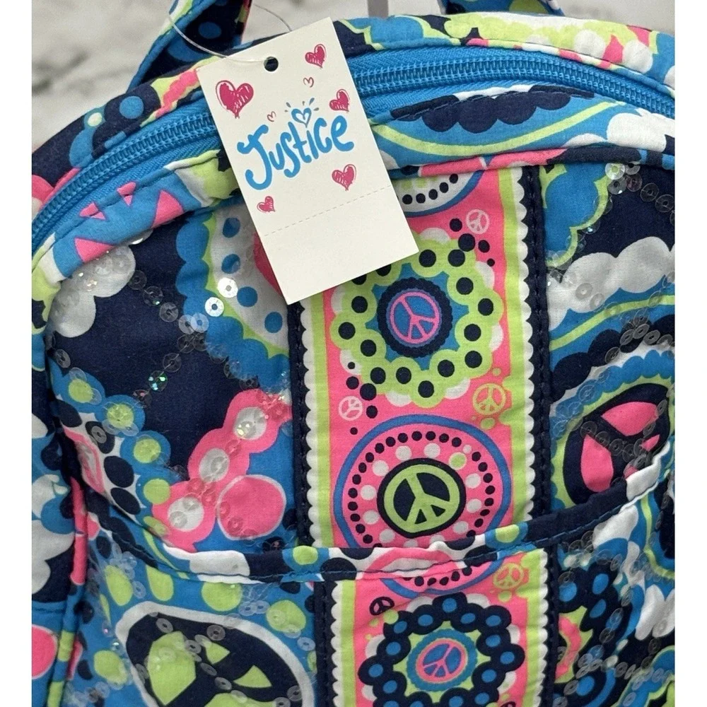 Justice Quilted Adjustable Strap Backpack Sequins Retro Peace Sign NWT 2012